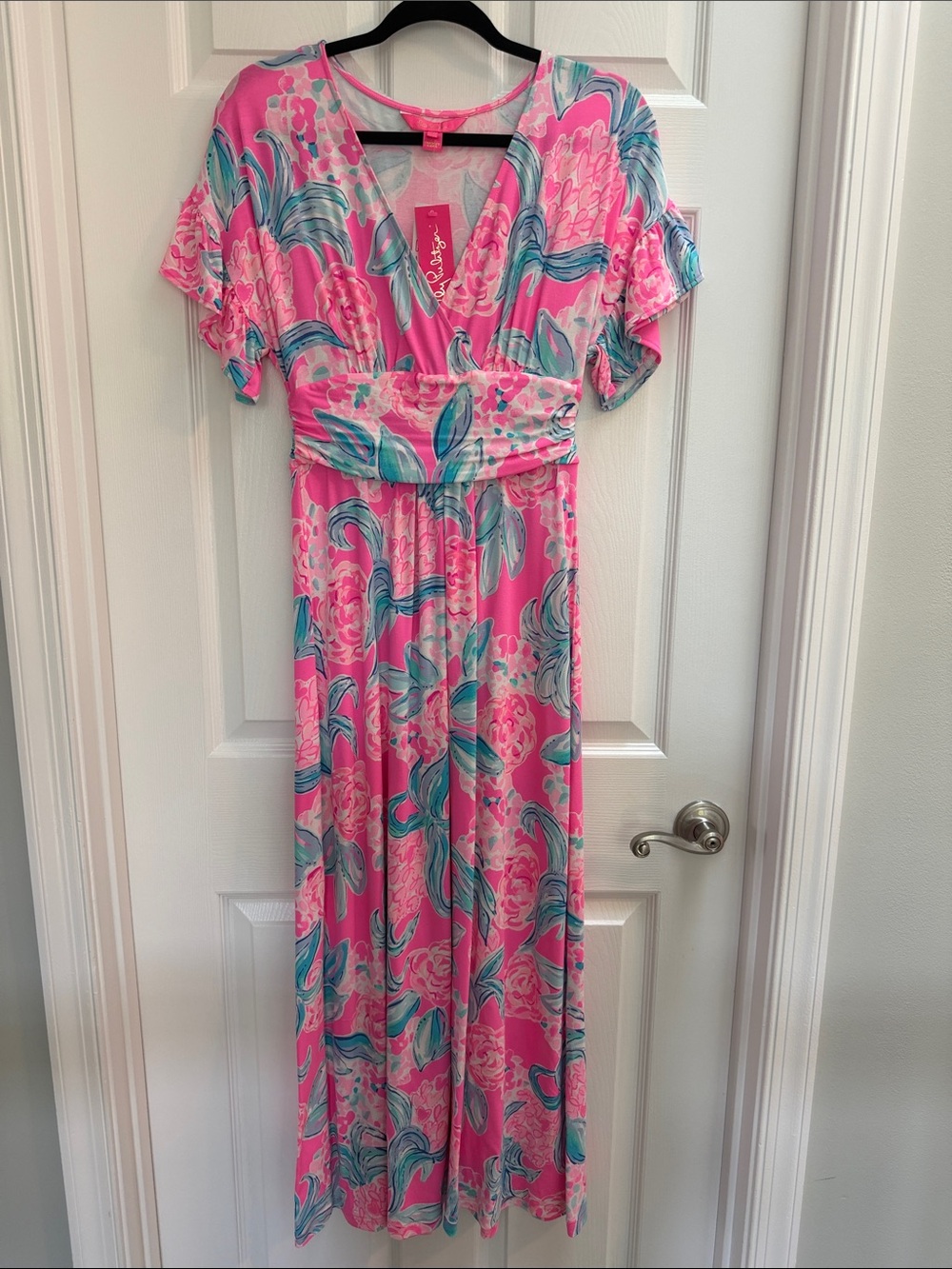Lilly Pulitzer Pink Floral Maxi Dress with Teal Accents